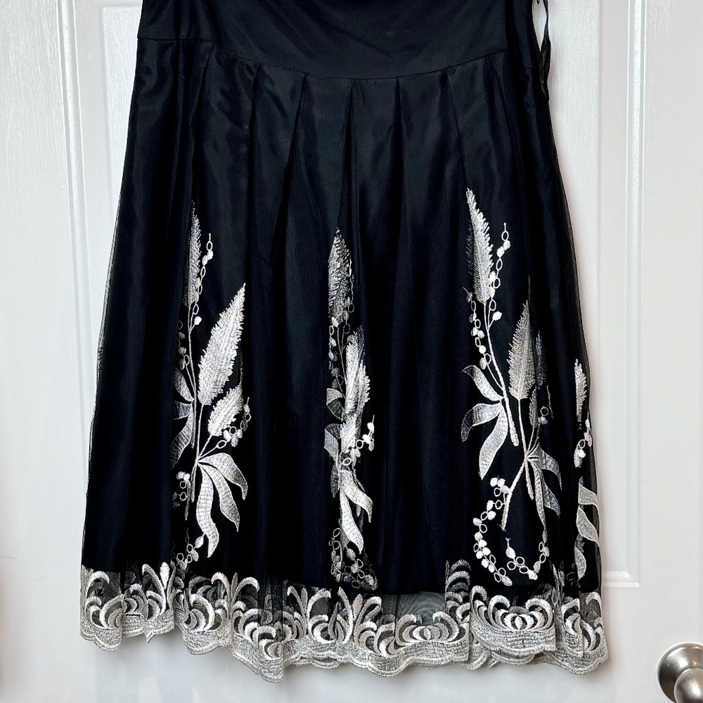 Adrianna Papell Evening Essentials Black Tulle Embroidered Pleated Skirt EUC 8